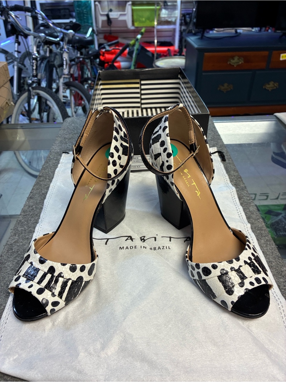 Tabita Dalmatian Print Block Heel Sandals in Black & White